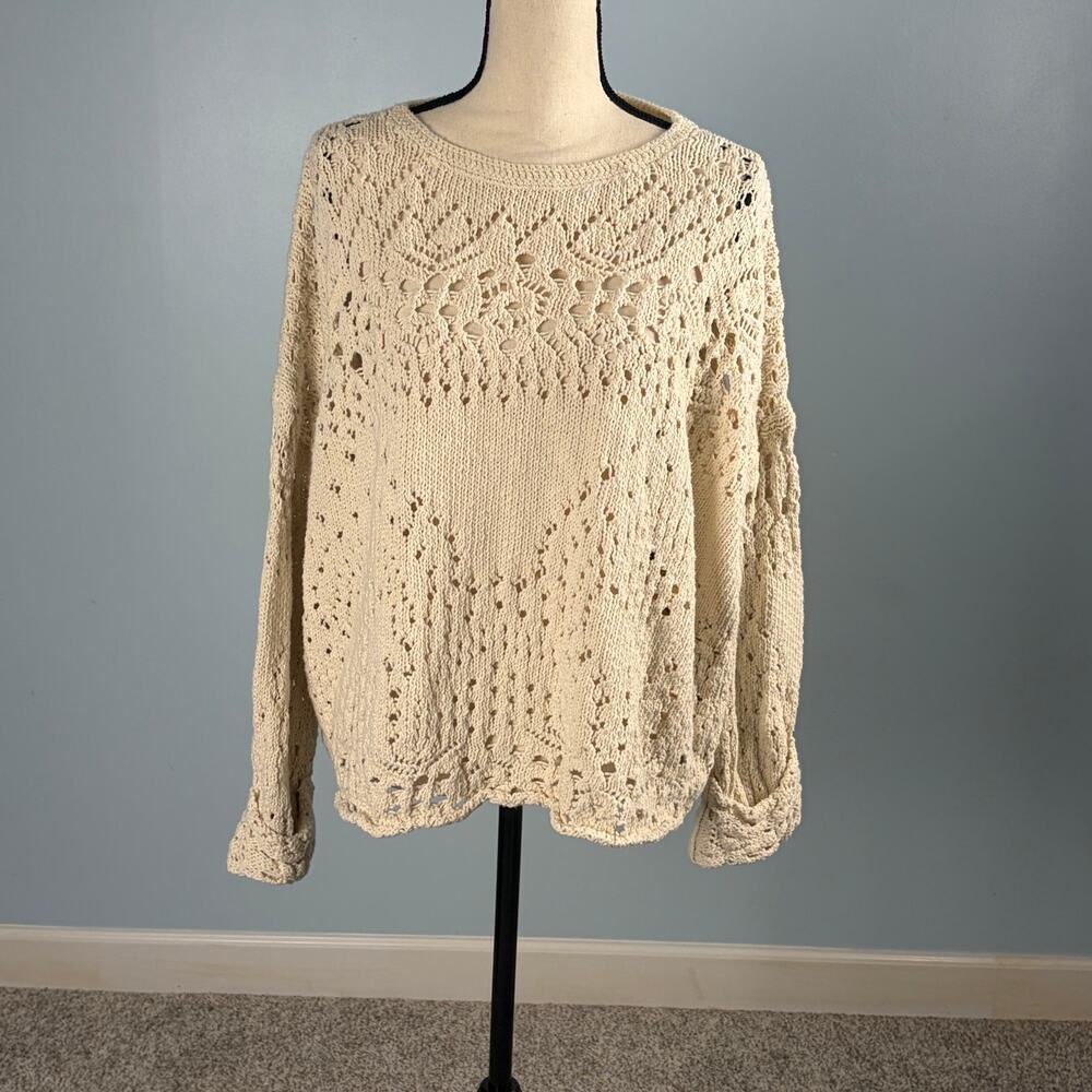 Free People Crochet Knit Sweater M Cream Cotton Openwork Boho